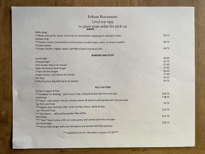 Echoes Restaurant - Powassan, ON menu_pic