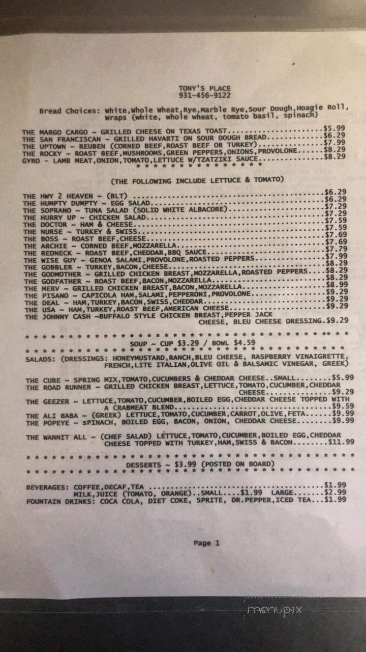 Tony's Place - Crossville, TN menu_pic