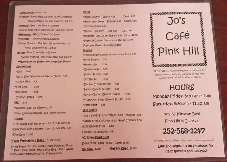 Jo's Cafe - Pink Hill, NC menu_pic