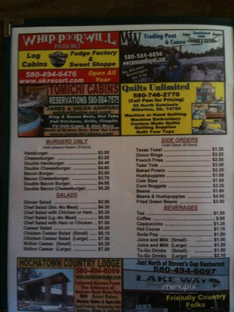 Steven's Gap Restaurant - Broken Bow, OK menu_pic