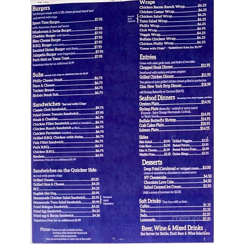 Spare Time - Lewisburg, WV menu_pic