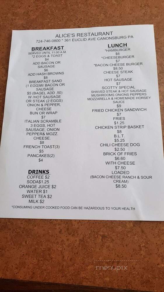 Alice's Restaurant - Canonsburg, PA menu_pic