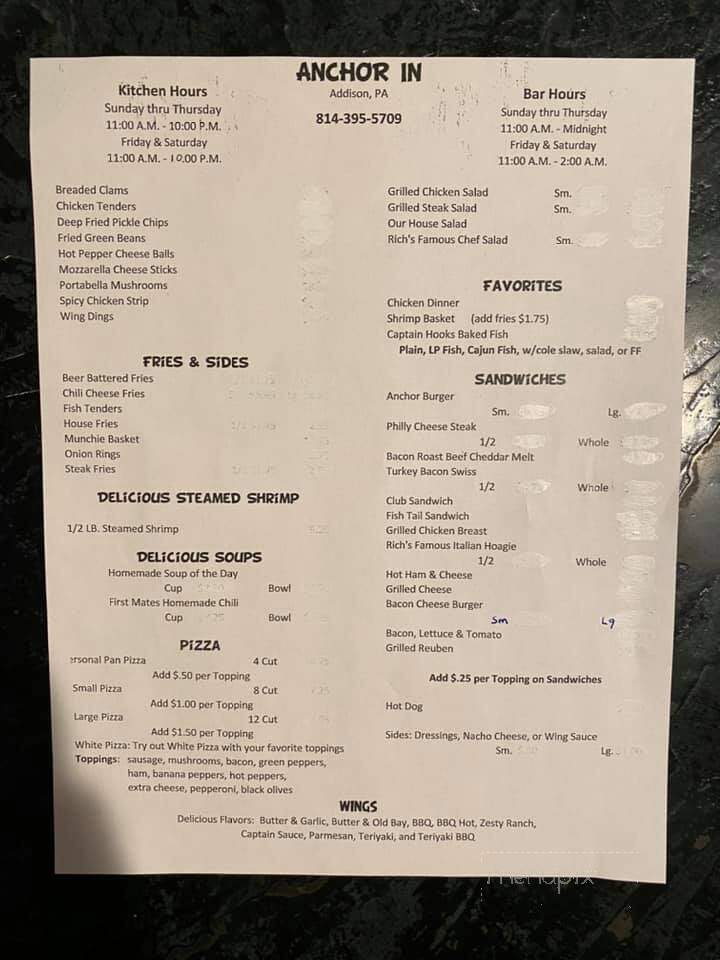 Anchor In - Addison, PA menu_pic