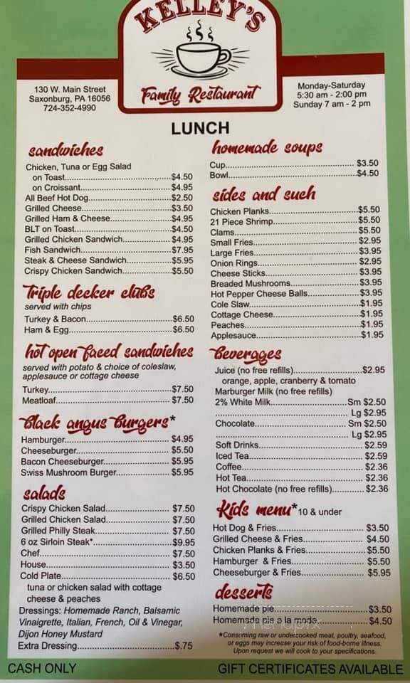 Kelleys Family Restaurant - Saxonburg, PA menu_pic