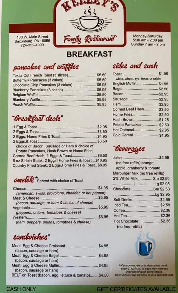 Kelleys Family Restaurant - Saxonburg, PA menu_pic
