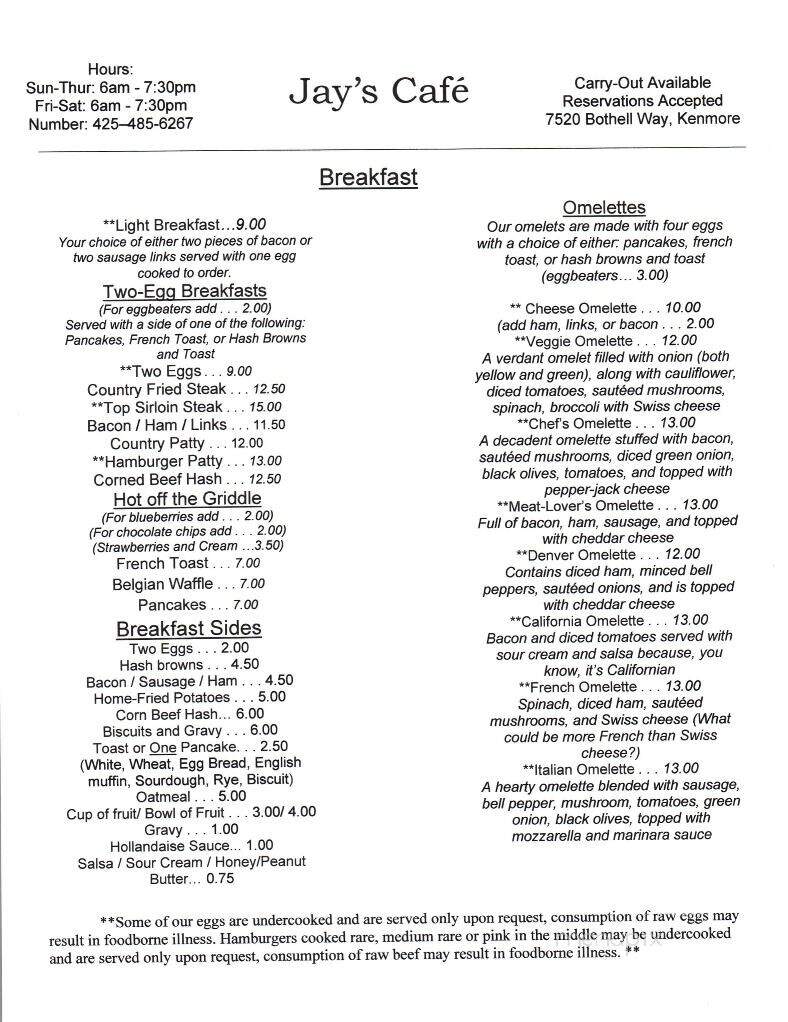 Jay's Cafe - Kenmore, WA menu_pic