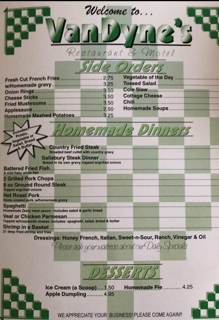 Van Dyne's Restaurant & Motel - Shadyside, OH menu_pic