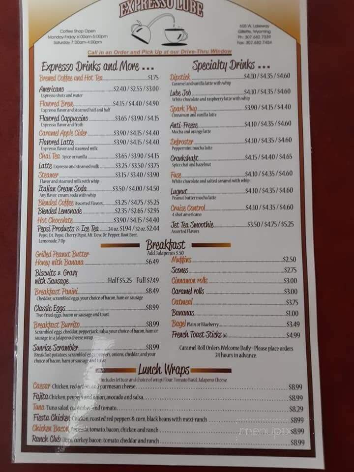 Espresso Lube - Gillette, WY menu_pic