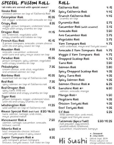 Hi Sushi - Surrey, BC menu_pic