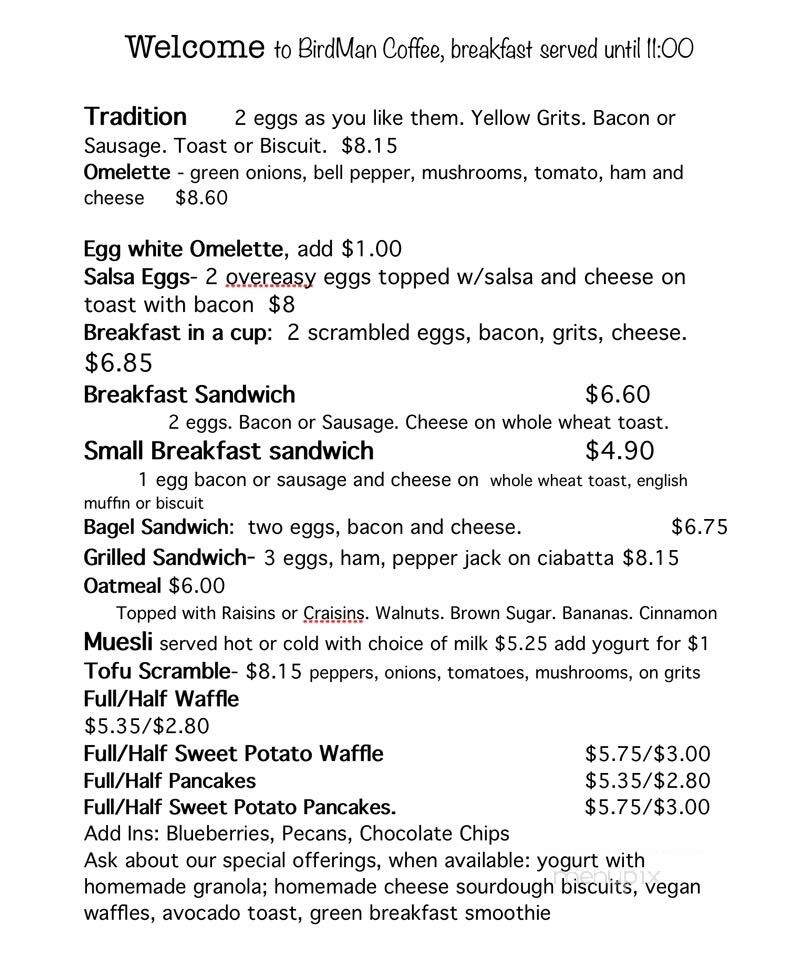 Birdman Coffee & Books - Saint Francisville, LA menu_pic