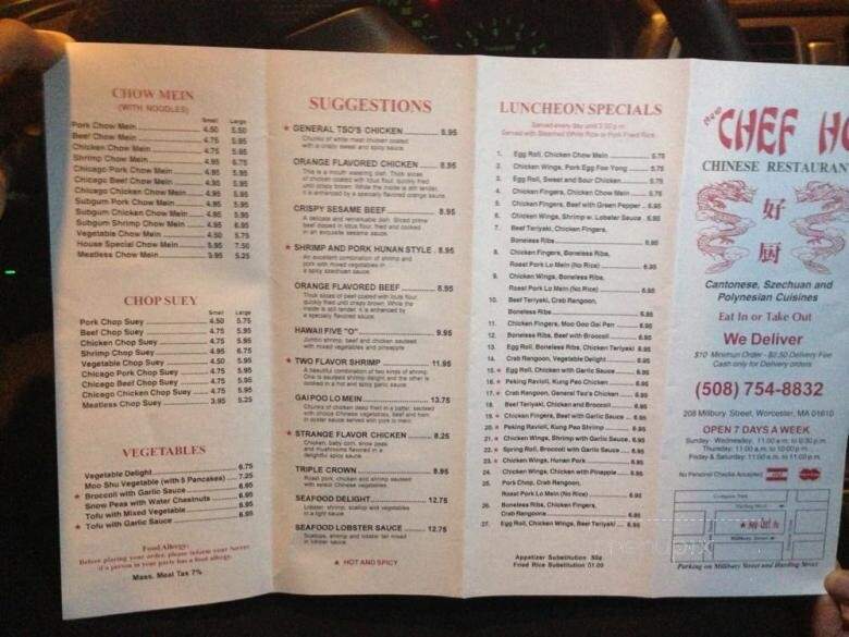 New Chef Ho Restaurant - Worcester, MA menu_pic