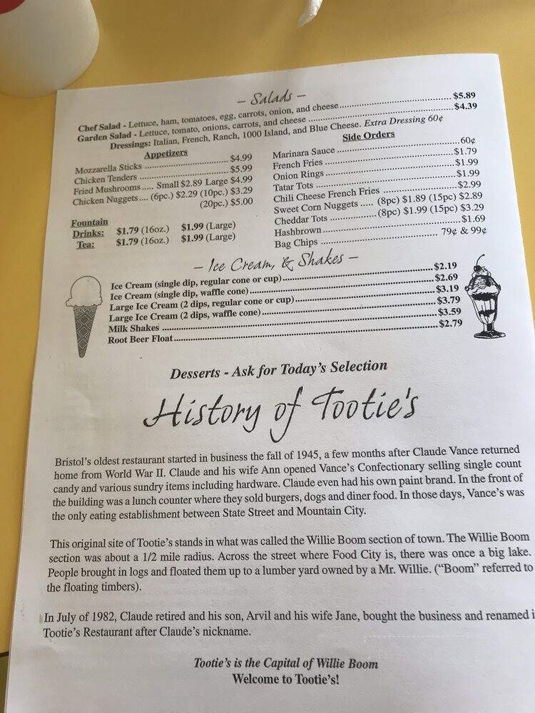 Tootie's Restaurant - Bristol, TN menu_pic