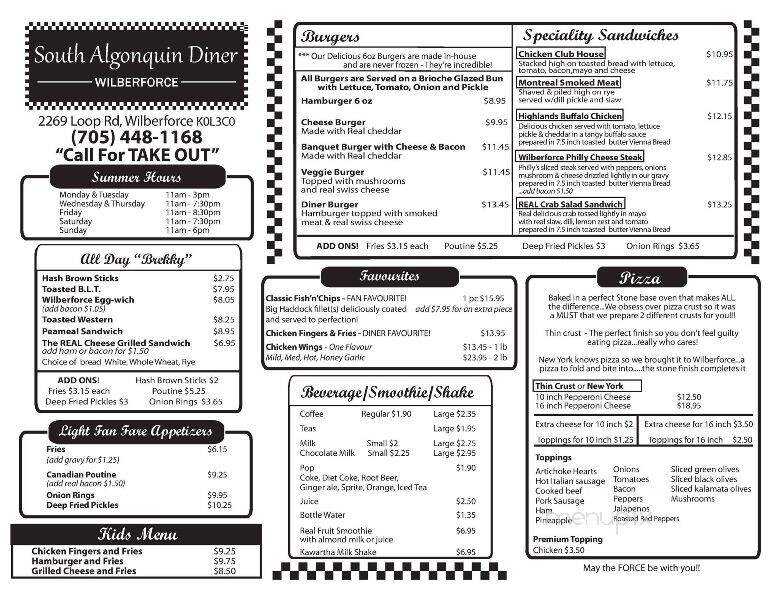 South Algonquin Diner - Wilberforce, ON menu_pic