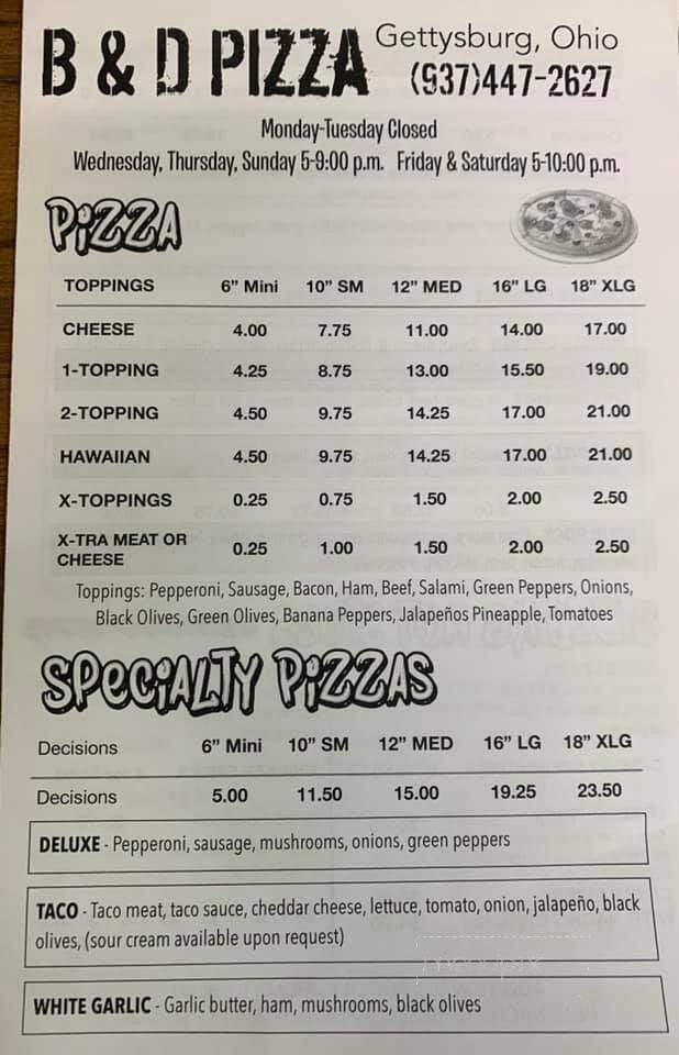 B & D Pizza & Subs - Gettysburg, OH menu_pic