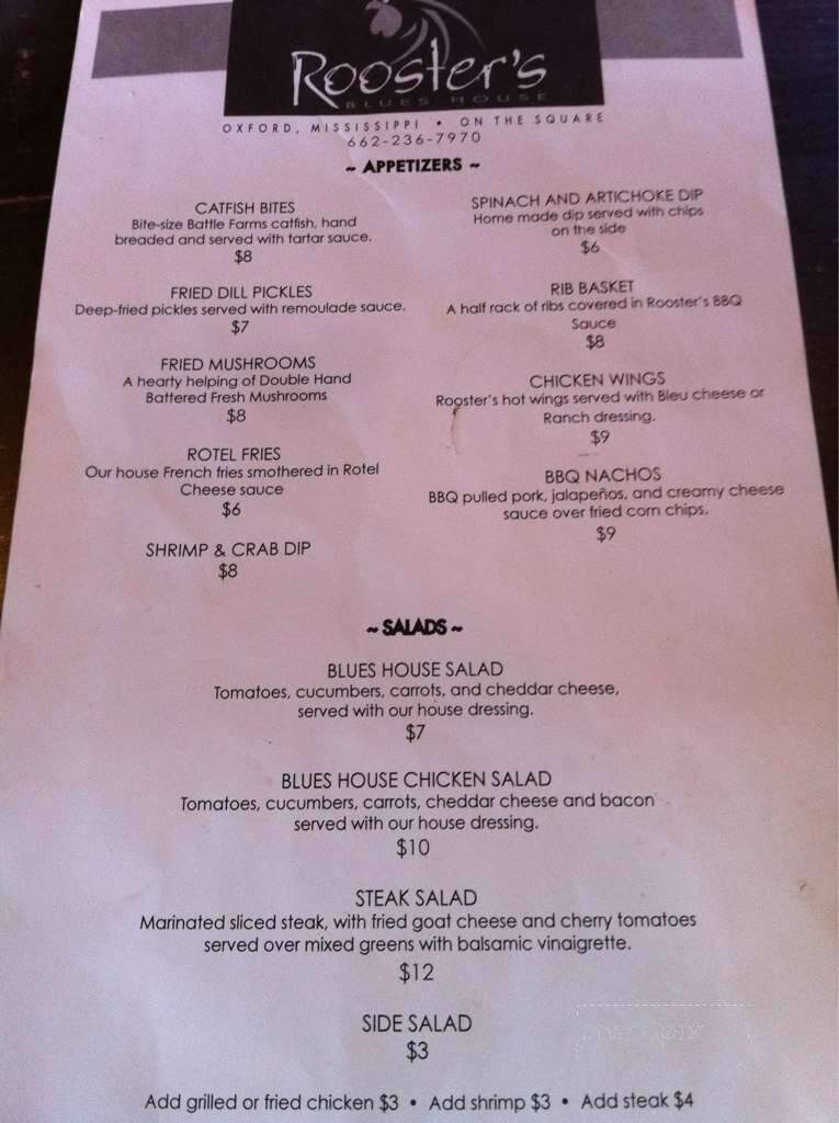 Rooster's Blues House - Oxford, MS menu_pic