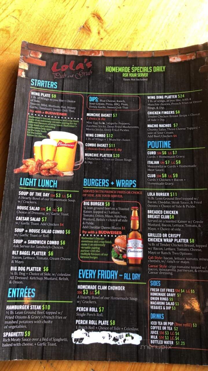 Lola's Pub & Grub - Cornwall, ON menu_pic