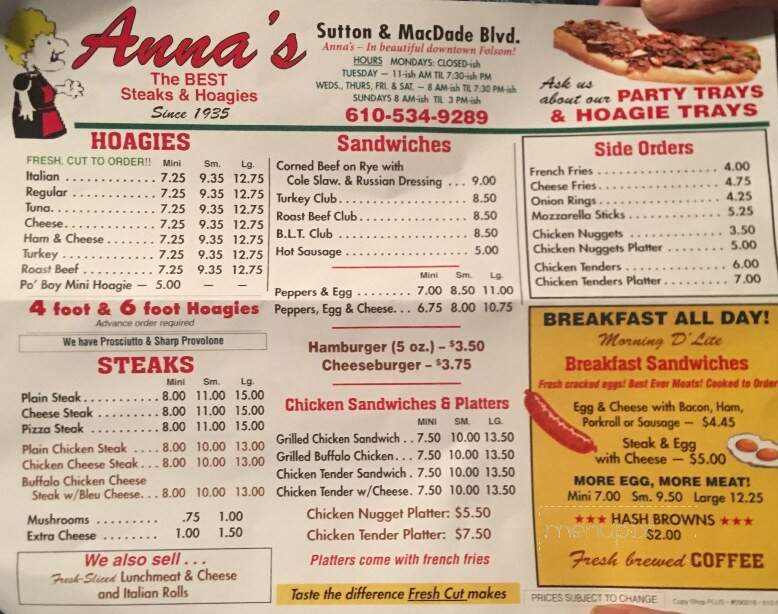 Anna's Sandwich Shop - Folsom, PA menu_pic
