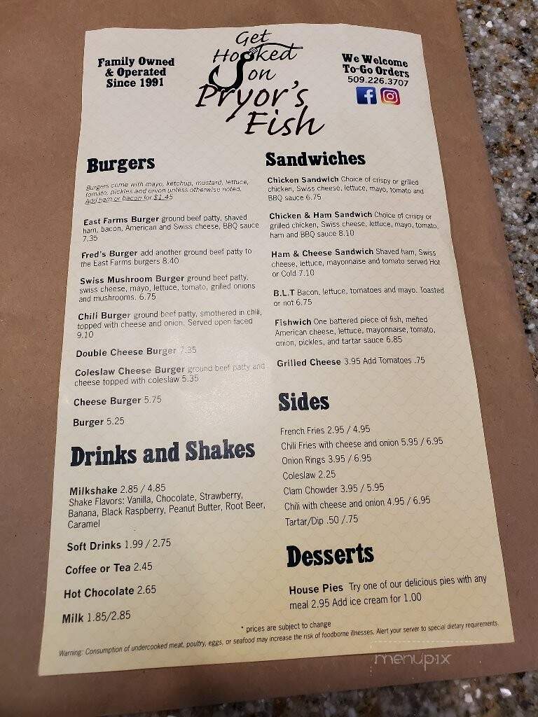 Pryor's East Farms Drive-Inn - Otis Orchards, WA menu_pic