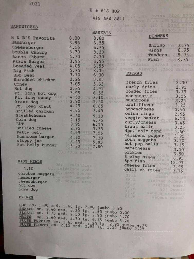 H & B's Hop - Norwalk, OH menu_pic
