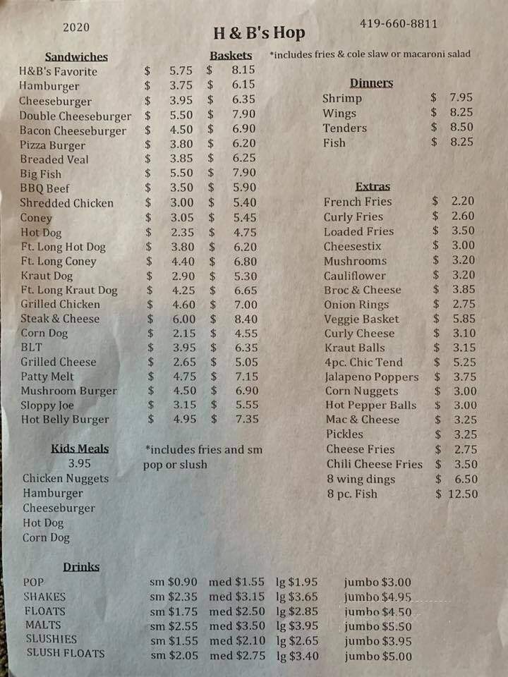 H & B's Hop - Norwalk, OH menu_pic