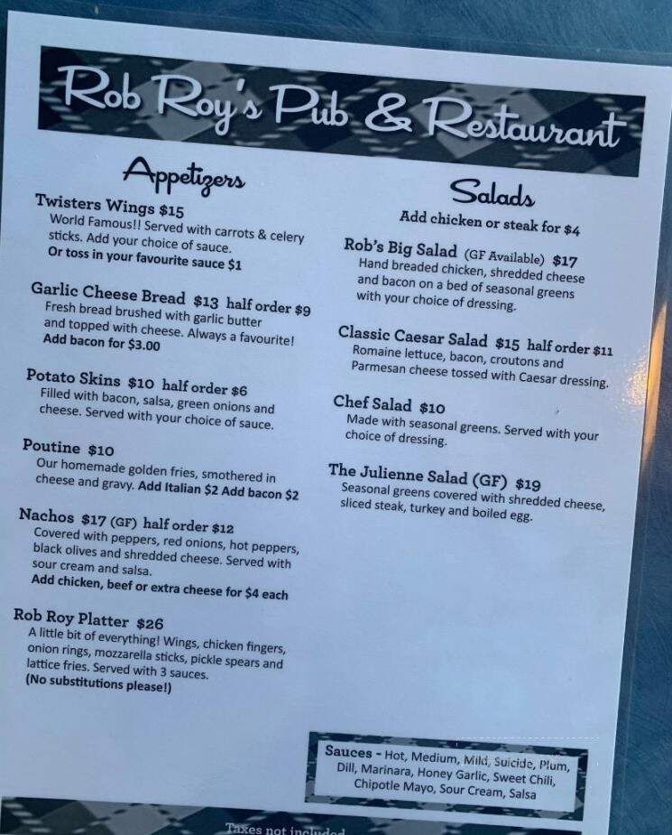 Rob Roy's Pub & Restaurant - Smiths Falls, ON menu_pic