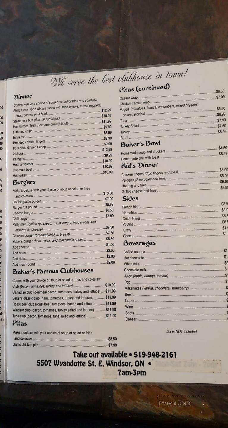 Baker's Bar & Grill - Windsor, ON menu_pic