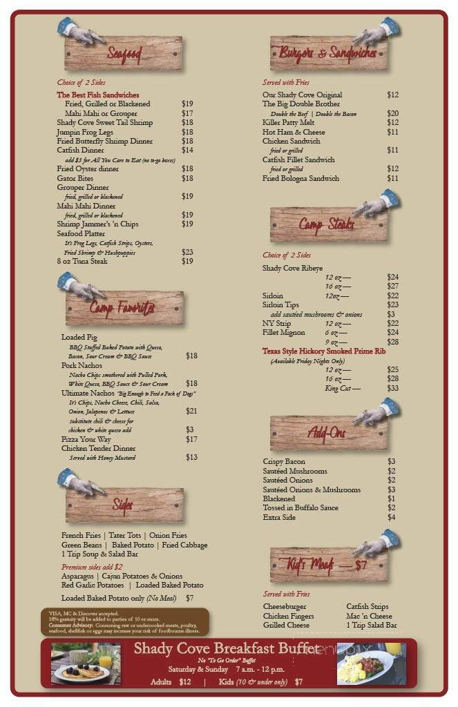 Shady Cove Campground & Marina - Castalian Springs, TN menu_pic