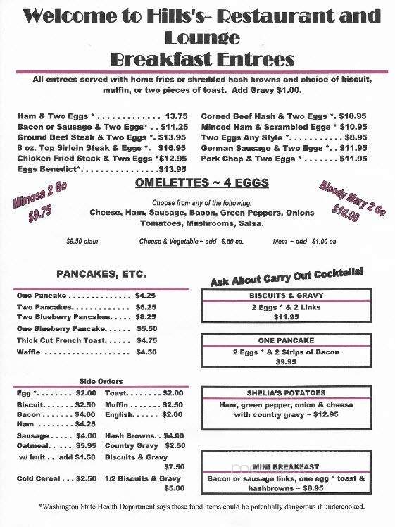 Hill's Restaurant - Kennewick, WA menu_pic