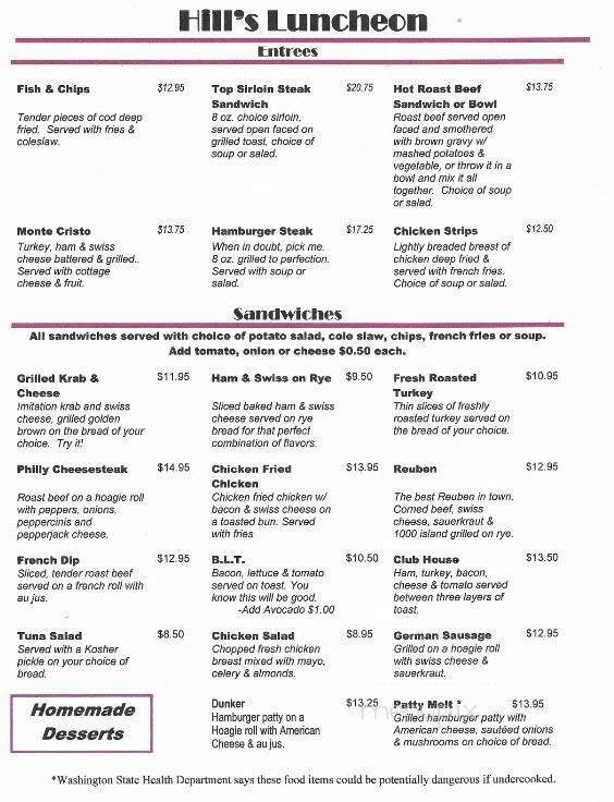Hill's Restaurant - Kennewick, WA menu_pic