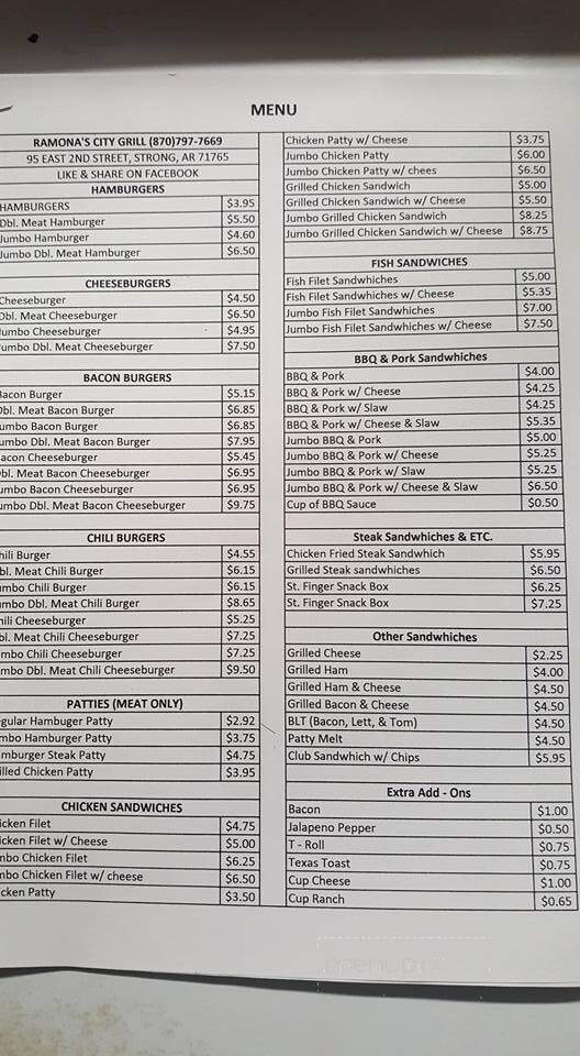 Ramona's City Grill - Strong, AR menu_pic