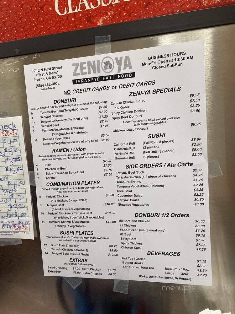 Zeni-Ya Japanese Fast Food - Fresno, CA menu_pic