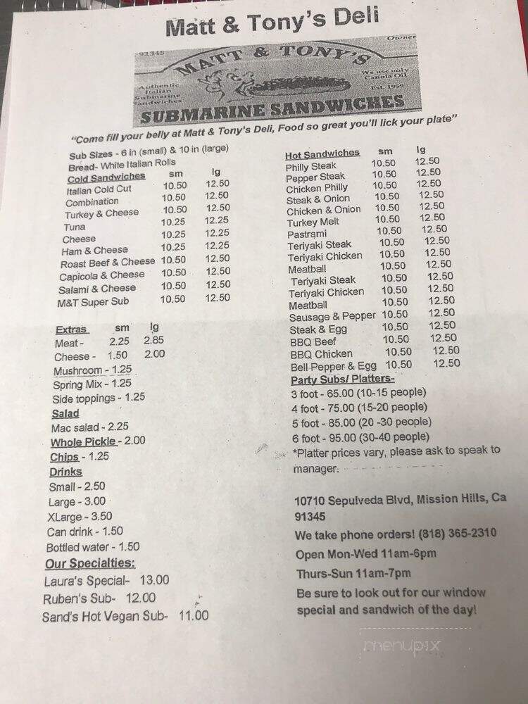 Matt & Tony's - Mission Hills, CA menu_pic