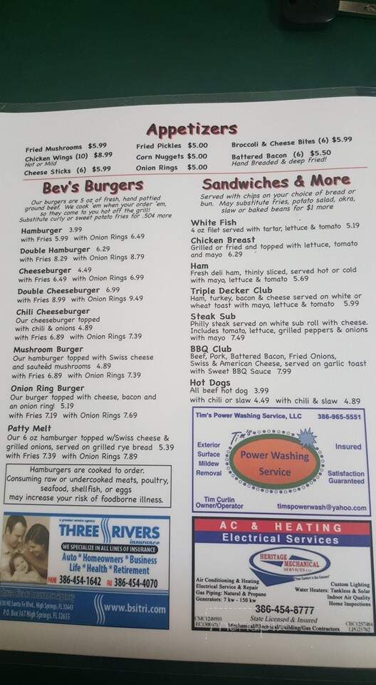 Bev's Better Burgers - High Springs, FL menu_pic