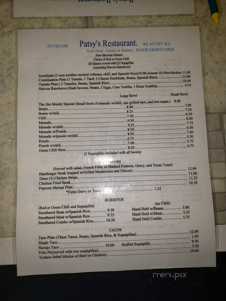 Patsy's Restaurant & Bakery - Chama, NM menu_pic