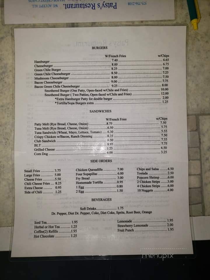 Patsy's Restaurant & Bakery - Chama, NM menu_pic