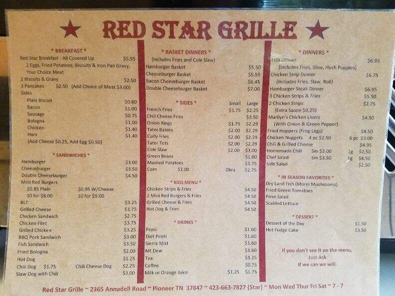 Red Star Grille - Huntsville, TN menu_pic