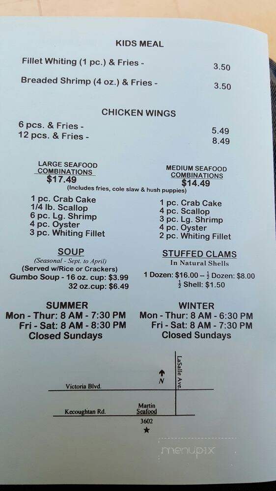 Martin Seafood - Hampton, VA menu_pic