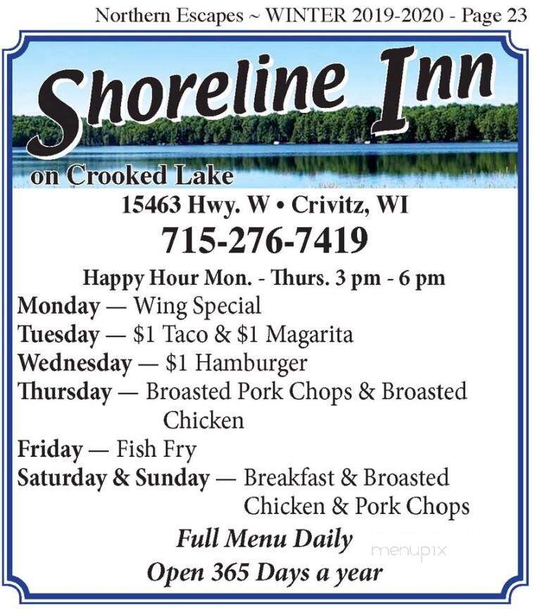 Shoreline Inn - Crivitz, WI menu_pic