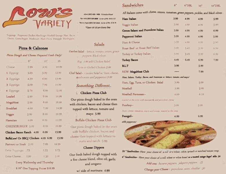 Low's Pizza & Sandwiches - Bar Mills, ME menu_pic