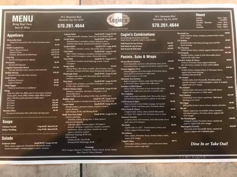 Cugini's - Mountain Top, PA menu_pic
