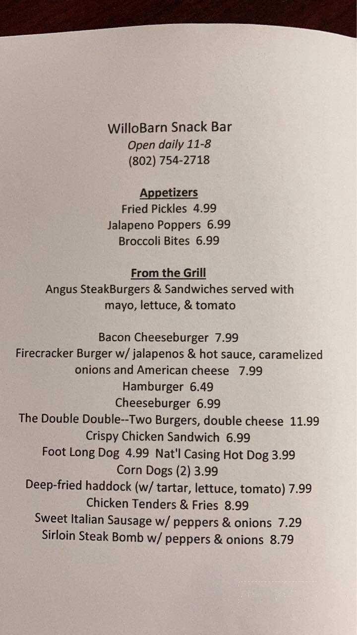 Will O-Barn Snack Bar - Brownington, VT menu_pic