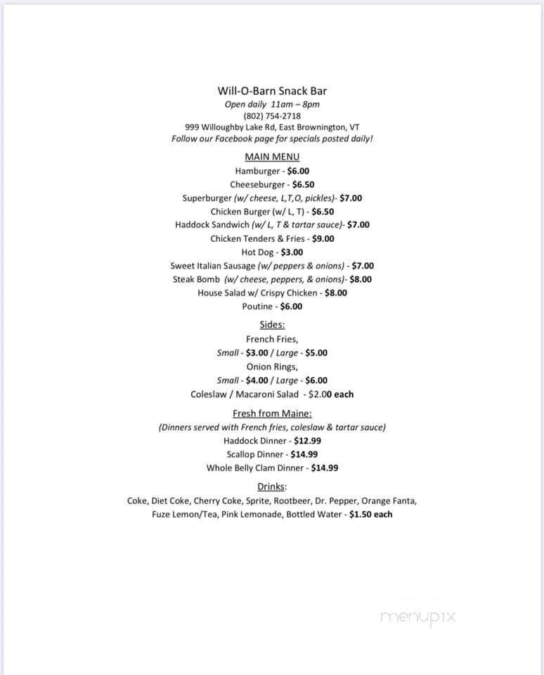 Will O-Barn Snack Bar - Brownington, VT menu_pic