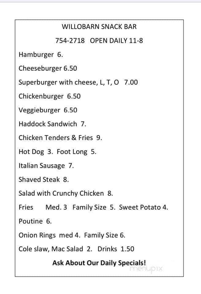 Will O-Barn Snack Bar - Brownington, VT menu_pic