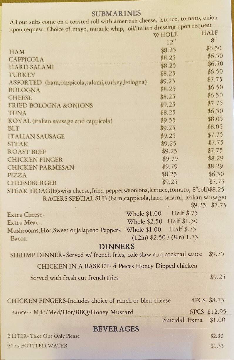 Racers Restaurant - South Dayton, NY menu_pic