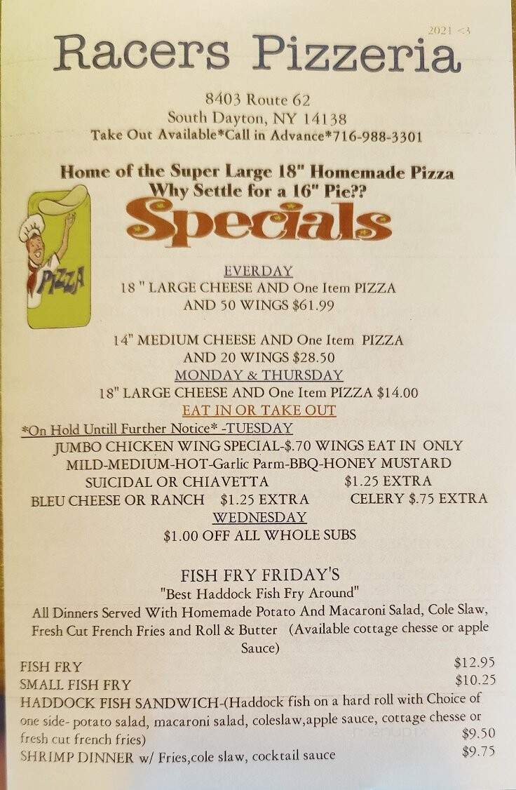 Racers Restaurant - South Dayton, NY menu_pic