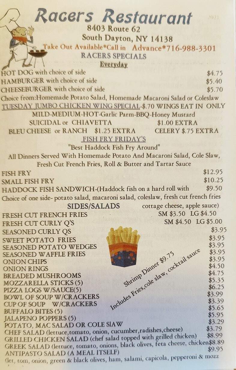 Racers Restaurant - South Dayton, NY menu_pic