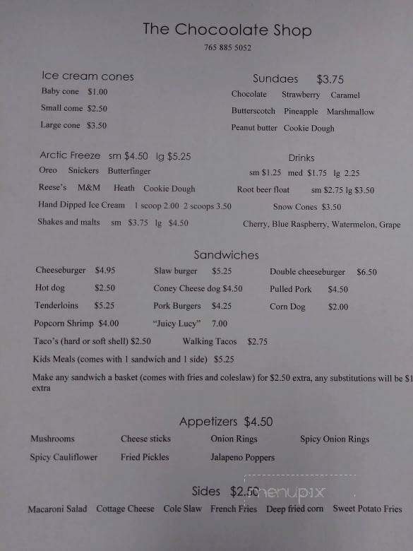 Chocolate Shop - Fowler, IN menu_pic