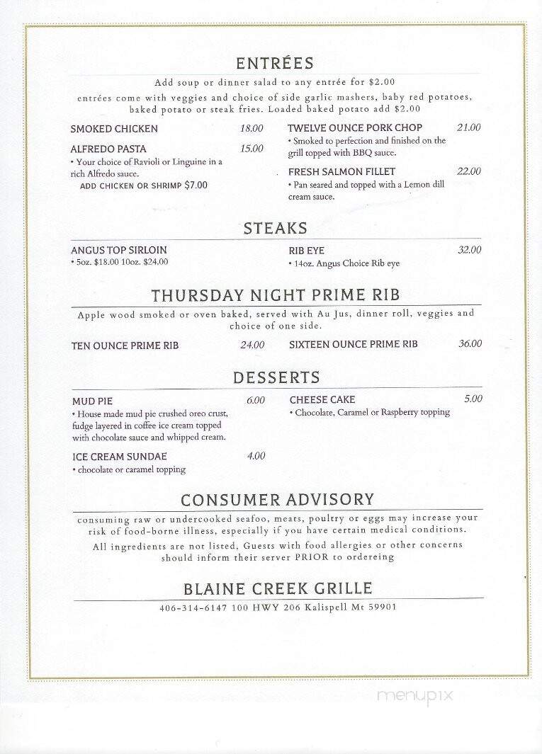 Blaine Creek Grill - Kalispell, MT menu_pic