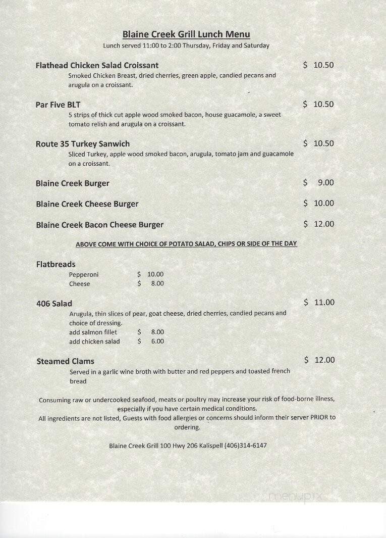 Blaine Creek Grill - Kalispell, MT menu_pic