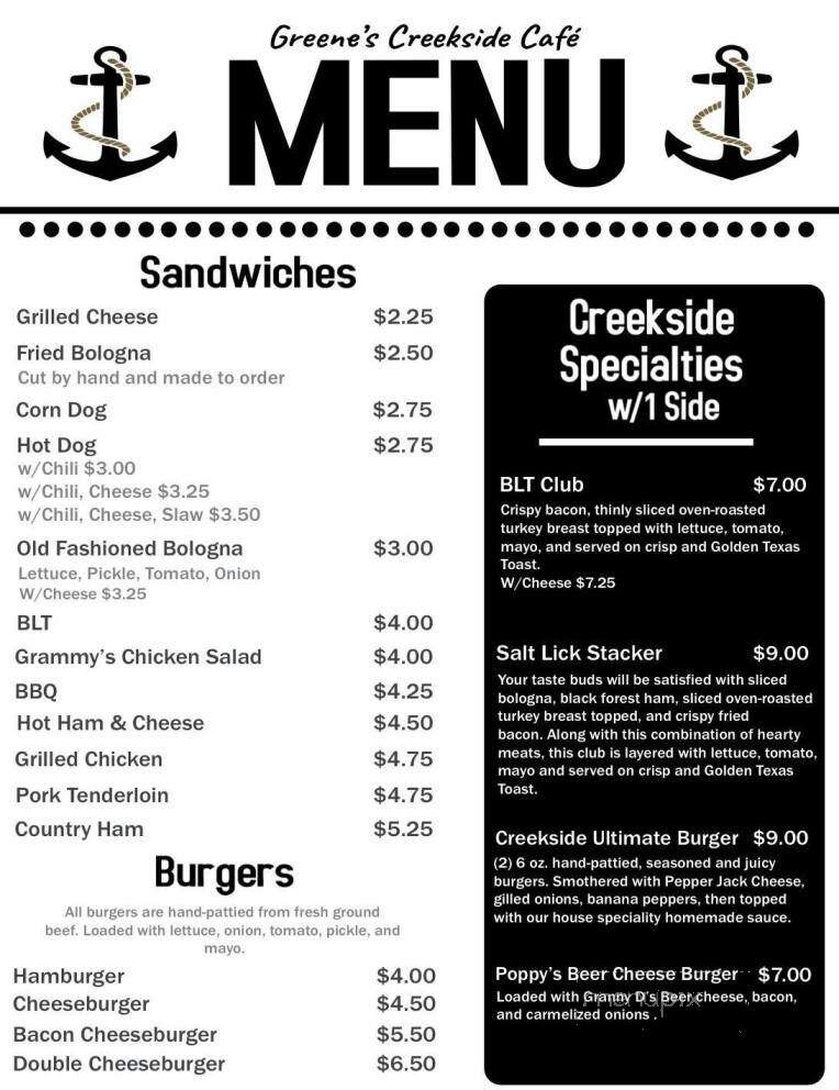 Greene's Creekside Cafe - Salt Lick, KY menu_pic